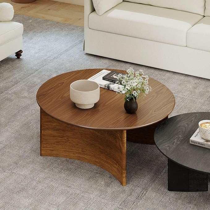 31.5″ Round Coffee Table, Walnut Circle Coffee Table with Curved Base, Solid Wood, Ideal for Living Room, Apartment, Compact Place