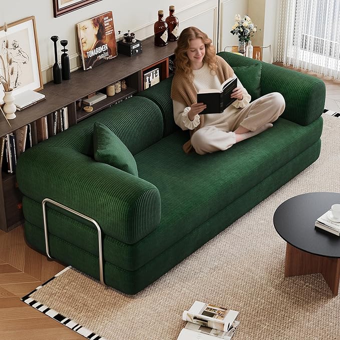 Ball & Cast 78.8" Compressed Modular Sofa Bed, No-Assembly Convertible Floor Futon Couch with Pillow Backrest & Armrest Support, Boneless Corduroy Sleeper Sofa for Living Room & Bedroom, Green