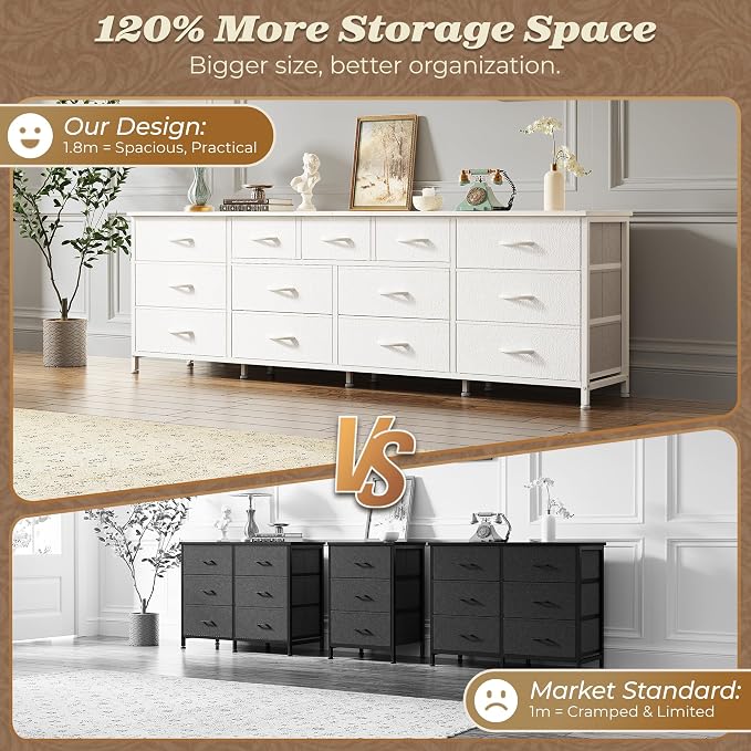 Huuger 70 Inch White Dresser for Bedroom, TV Stand for 65, 75, 80 Inch TV, 13 Fabric Drawer Long Dresser, Wide Chest of Drawer, Storage Units for Bedroom - Image 6