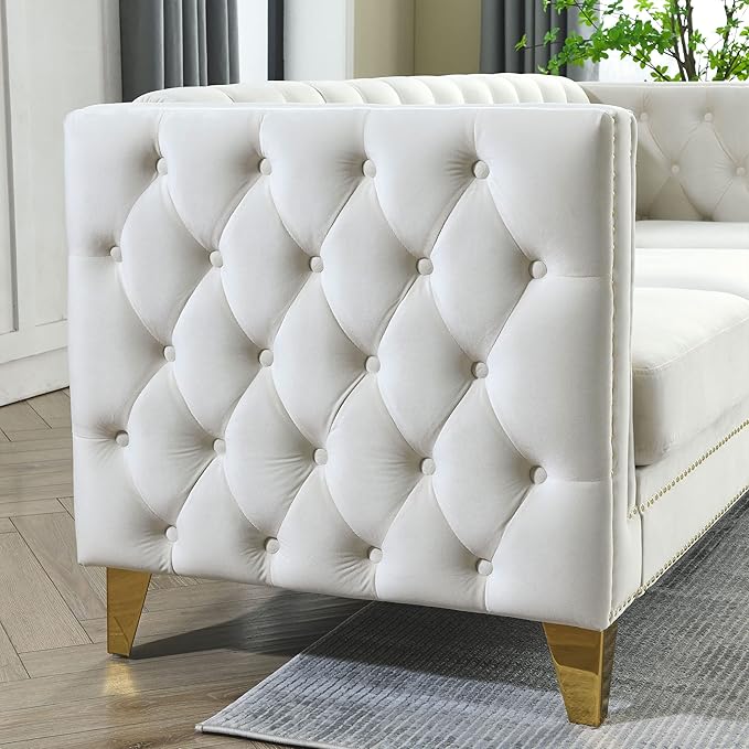 KEIKI 82.2" Velvet Corner Sofa, Tufted 5 Seat Couch, L-Shaped Sectional Couch for Living Room, Buttons Tufted Square Arm Couch for Home Apartment, Beige