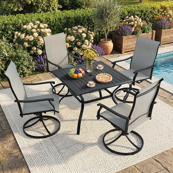 NOBLEMOOD 5-Piece Outdoor Dining Table & Chair Set, Outdoor Dining Set with 4 Textilene Swivel Chairs, Patio Metal Square Dining Table Set for Outside, Garden, Backyard by NOBLEMOOD