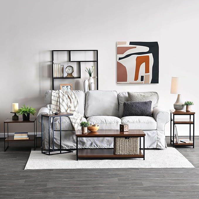 Household Essentials Jamestown Rectangular Coffee Table with Storage Shelf Mid Century Walnut Wood Grain and Black Metal