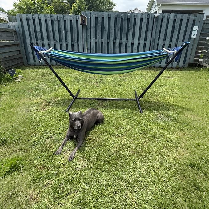 SZHLUX Double Hammock with Stand Included 450lb Capacity Steel Stand, Premium Carry Bag Included.Indoor Outdoor Brazilian-Style Cotton Bed for Backyard, Camping,Garden,Green - Image 2