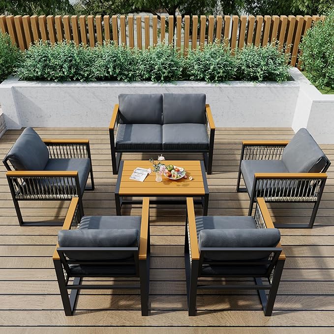 Pamapic 6 Pieces Outdoor Patio Furniture Set with Wicker Handrails, Plastic-Wood Balcony Furniture with Wicker Arm Panel, All-Weather Metal Patio Conversation Sets with Cushion and Coffee Table