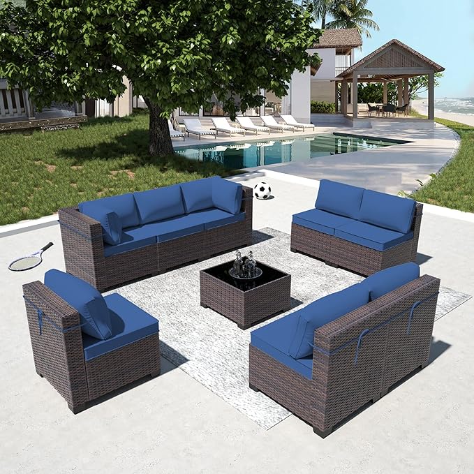 9 Pieces Outdoor Patio Furniture Set,Outdoor Sectional Furniture All Weather PE Rattan Wicker Patio Conversation Set with Coffee Table and 8 Thickened Cushions,Navy Blue