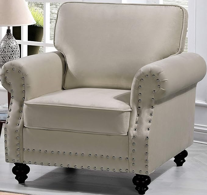 Lotus Mid Century Modern Velvet Upholstered Living Room Rolled Arms, Chair, 38", Beige