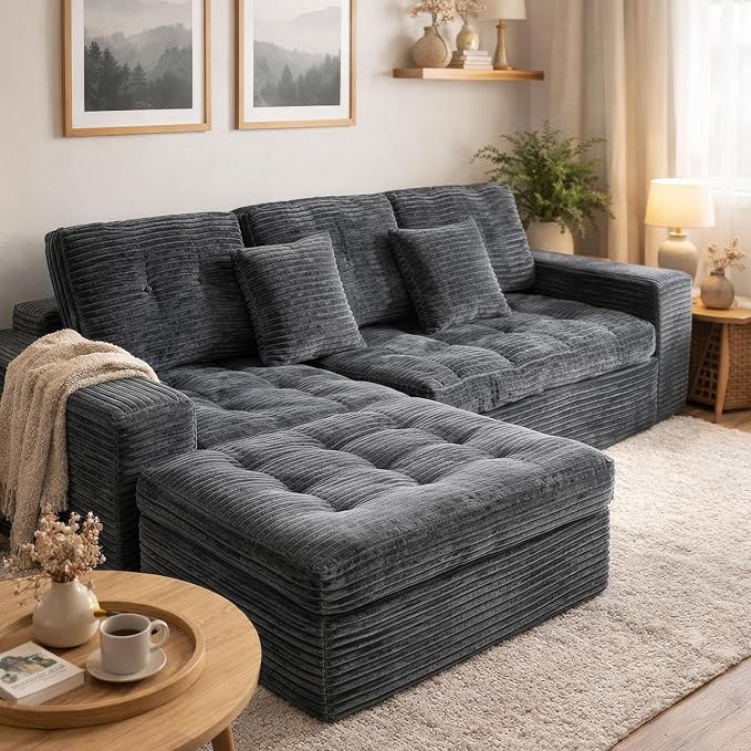 Eafurn 105" L-Shaped Boneless Modular Sectional Sofa with Movable Ottoman, Comfy Corduroy Floor Couch with Deep Seat and Tufted Seat, Flexible Module Combination for Living Room, No Assembly | Deep Seat, Wider Armrest, Free Combination, Tufted