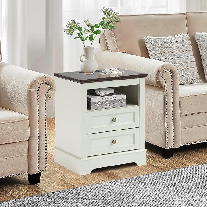 LOUVIXA Nightstand with Charging Station Set of 2, Farmhouse Night Stand with 2 Drawers, Bedside Cabinet for Bedroom, End Table Side Table with Storage (2, White) - Image 5