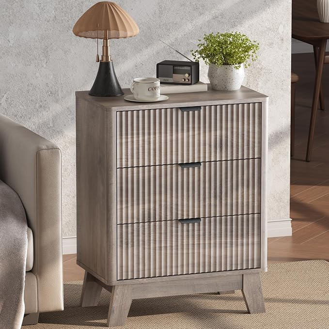 Wodeer Night Stand with 3 Drawers, Mid Century Modern Wood Bedroom Nightstand, Bedside Table & End Table with Metal Handles, Farmhouse Nightstand for Bedroom, Grey - Image 4