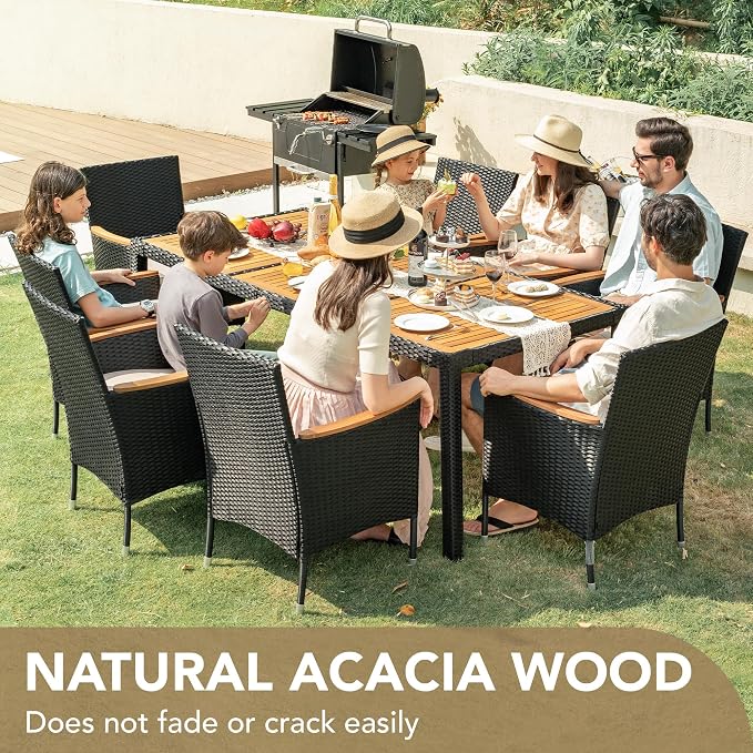 Devoko Outdoor Patio Dining Sets 9 Pieces Wicker Outdoor Dining Table and Chairs Set with Acacia Wood Table Top and Widened Armrests for Backyard, Garden, Deck (Black) - Image 3
