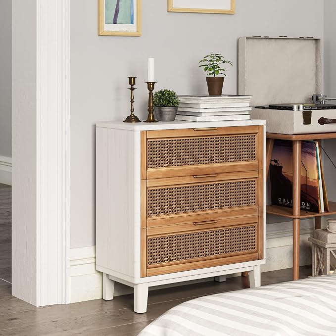 COZAYH Farmhouse 3-Drawer Nightstand, Rattan Cane Front Accent Dresser with Brass Pull, Distressed White - Image 7