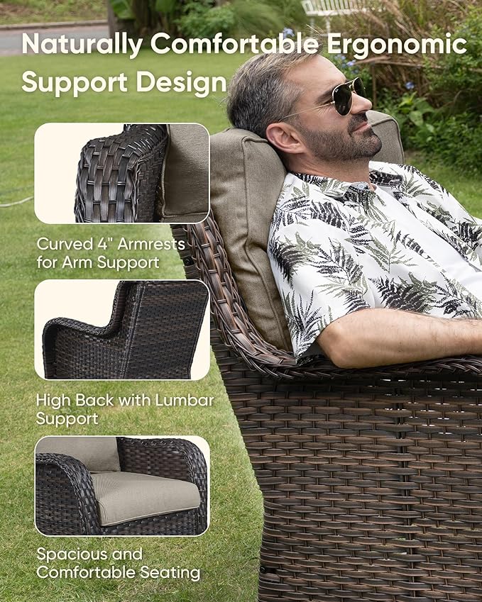 HUMMUH 4 Piece Outdoor Patio Furniture Set Wicker Conversation Bistro Set Swivel Rocker Chairs with 2pcs Ottomans for Backyard, Porch, Balcony