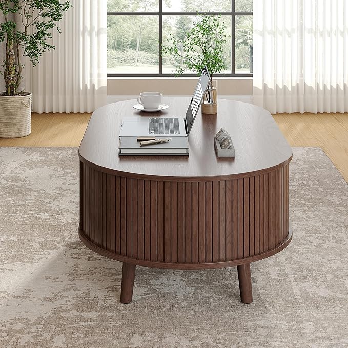 Alohappy Oval Coffee Table, Mid Century Modern Coffee Table with Sliding Tambour Door, Fluted Center Table with Hidden Storage, Curved Profile Dining Table for Living Room, Home Office,Walnut
