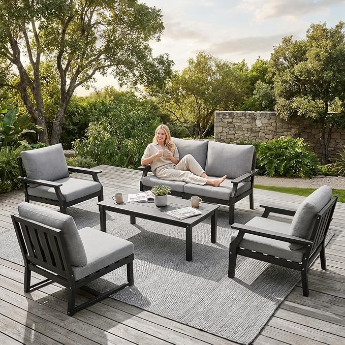 HDPE Patio Conversation Set, 6-Piece All Weather Outdoor Furniture Set with 2 Single Armchairs for Deck, Lawn, with Cushion, Black