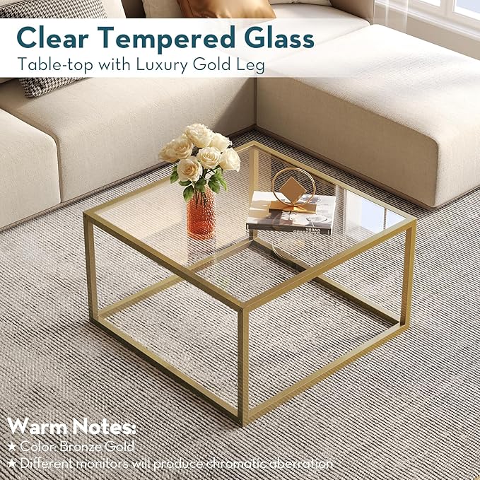 SAYGOER Glass Coffee Table Modern Coffee Tables for Living Room Square Minimalist Center Tables for Home Office 26.7 x 26.7 x 17.7, Gold