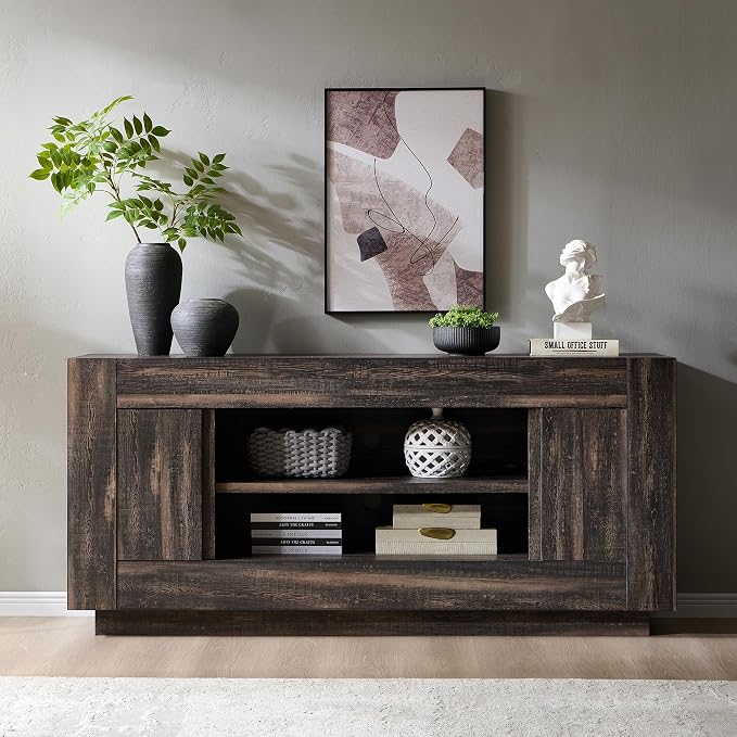 OKD Modern 70" TV Stand, Entertainment Center for TVs Up to 80", Media Console with Large Open Storage & Side Cabinets, Thick Wood Design for Living Room, Dark Rustic Oak - Image 3
