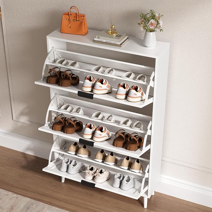 BORNOON Shoe Cabinet for Entryway with 3 Flip Drawers, Slim Wooden Shoe Storage Organizer with Modern Fluted Pannel，Freestanding Narrow Hidden Shoe Rack for Hallway, Foyer, Living Room - Image 3