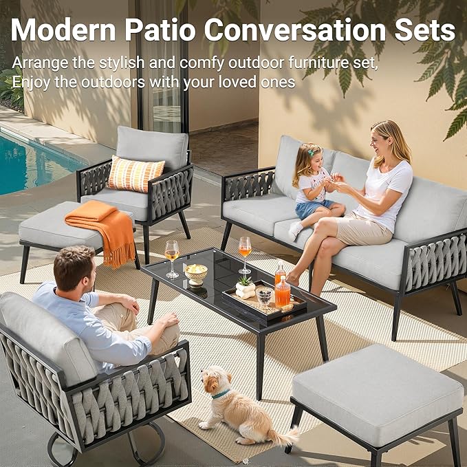 Weaxty Modern Patio Furniture Set 6 Piece, Rope Outdoor Patio Conversation Sets Sectional Sofa Swivel Chairs Table Ottoman, All Weather Metal Balcony Furniture for Backyard Garden, Light Grey