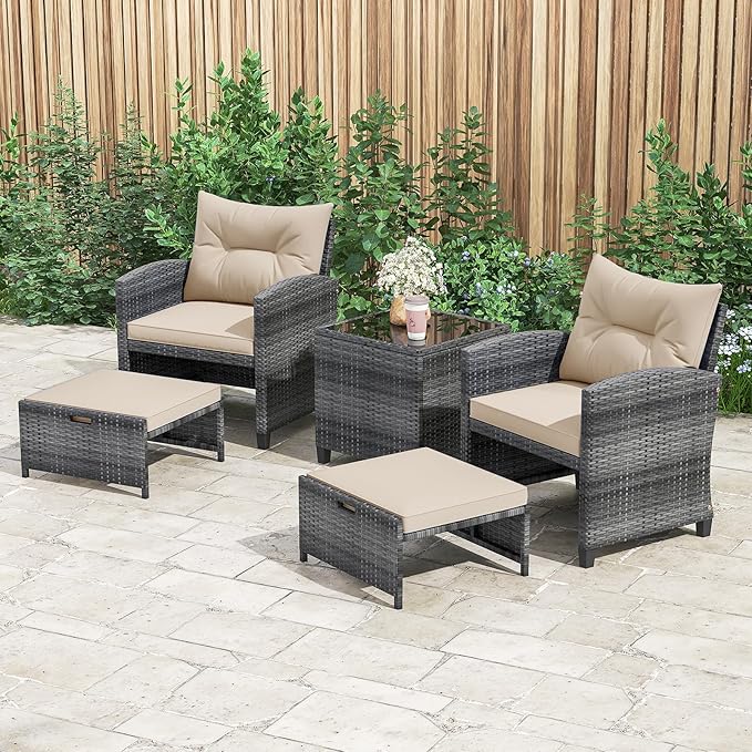 ORALNER 5 Pieces Patio Furniture Set with Ottoman, Wicker Conversation Set w/Cushions, Glass Coffee Table, Outdoor Lounger Rattan Chairs Bistro Set for Porch Balcony Garden Deck Poolside (Beige)