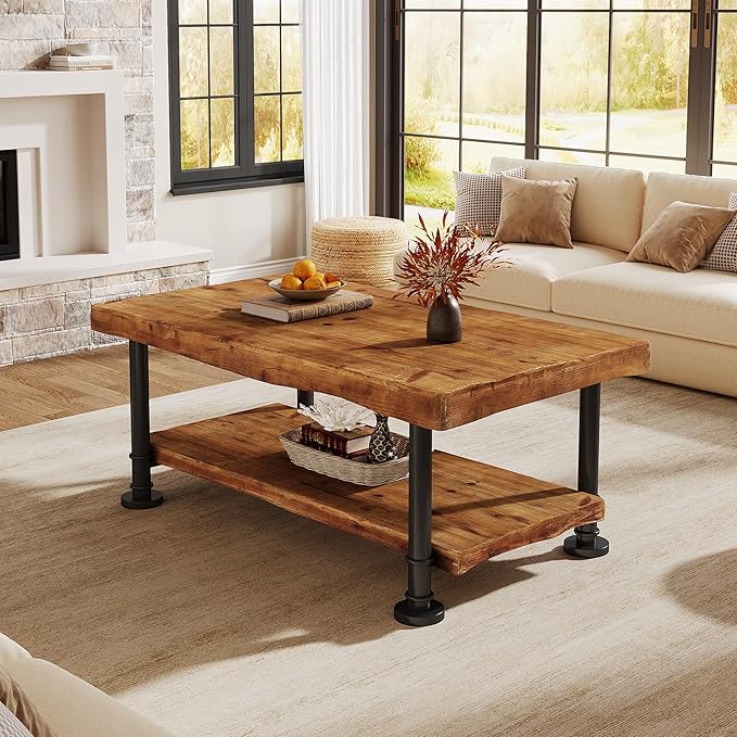 47" Coffee Table, Farmhouse Solid Wood Accent Center Table with 2-Tier Live Edge Shelf & Metal Legs, Rectangular Low Cocktail Tea Furniture for Living Room, Lounge, Brown and Black