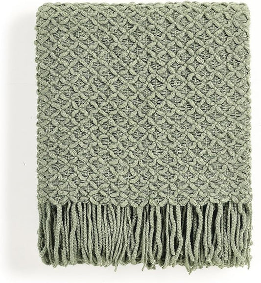 CREVENT Farmhouse Boho Knitted Throw Blanket for Couch Sofa Chair Bed Home Decoration, Soft Warm Cozy Light Weight for Spring Summer Fall (50''X60'' Sage Green)