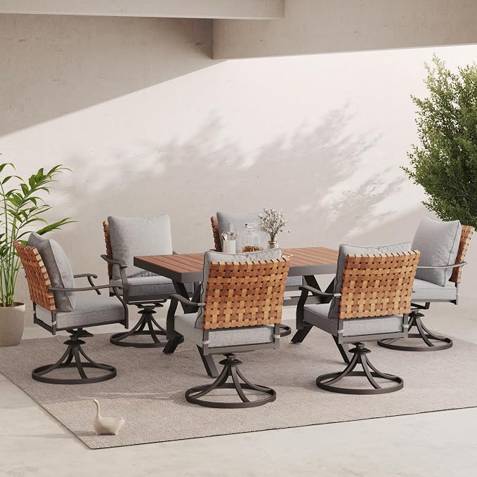 Grand patio 7-Piece Outdoor Dining Set, 6 Leather-Look Wicker Swivel Patio Chairs & 1 Extendable Rectangular Dining Table, Brown - Image 2