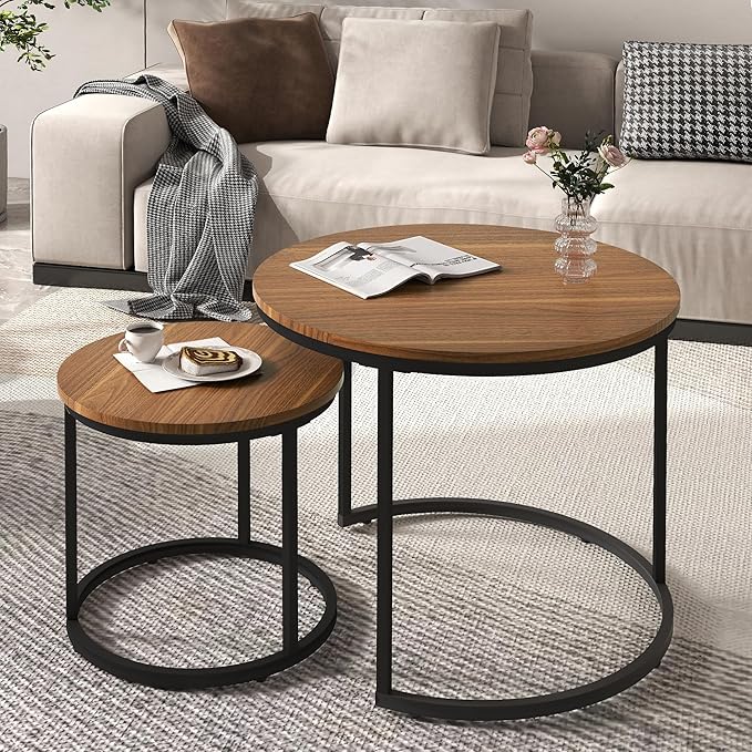 Nesting Tables Set of 2, Wood Grain Brown Round Coffee Table, Small Nesting Coffee Table with Adjustable Non-Slip Fee, Wood Grain Top Nesting Tables for Living Room, Bedroom