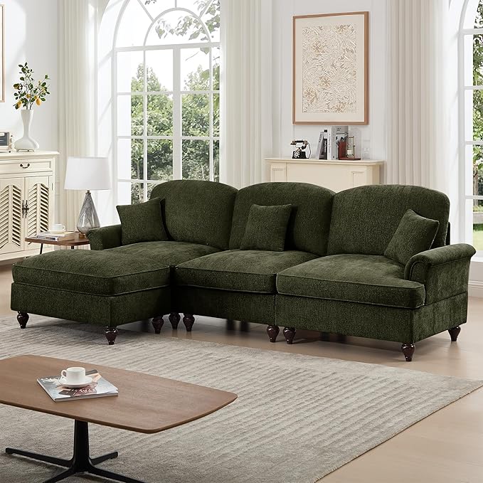 KEIKI Mid Century Modular Sofa with Flared Arms and Skirted Design, 107” Oversized 3-Seater with Ottoman Luxury Chenille L-Shaped Sectional Couches for Living Room, Chaise Lounge Indoor, Green
