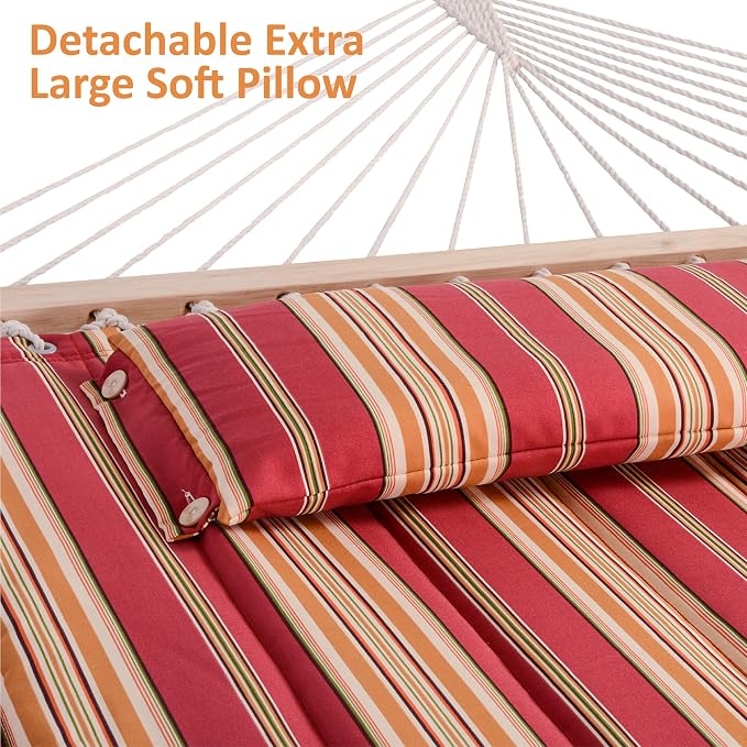 SUNCREAT Outdoor Hammock with Stand, Two Person Quilted Fabric Hammock Swing with 12ft Steel Stand, Red Stripes - Image 5