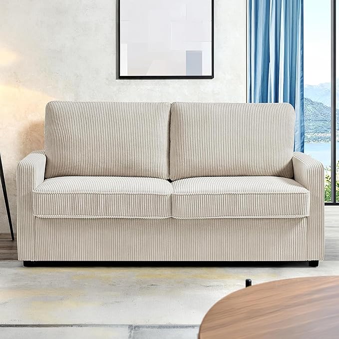 Reversible Sleeper Sofa Bed with Comfortable Memory Foam Mattress, Convertible Corduroy Full Size Pull Out Couch for Living Room, Space Saving Furniture, 70" Wide, Rectangular Arms, Ivory