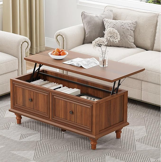 39" Lift Top Coffee Table, Wood Center Table with Storage, Retro Coffee Tables Rectangular Dining Table for Living Room Home Office Small Space (Walnut)