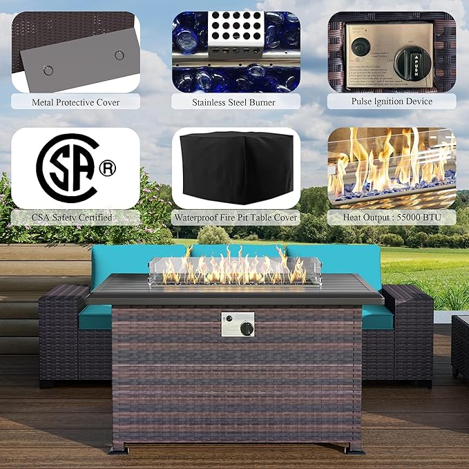 7 PCS Outdoor Patio Furniture Set,Outdoor Sectional Furniture with 43" 55000 BTU Gas Propane Fire Pit Table,All Weather PE Rattan Wicker Patio Conversation Set,Turquoise Blue