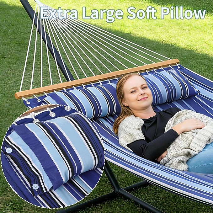 Double Hammock with Stand for 2 Person, Outdoor Freestanding Hammock Bed with 475lb Capacity - Heavy Duty Steel Frame, Quilted Pillow & Portable Carry Bag, Easy Assembly, Blue - Image 3