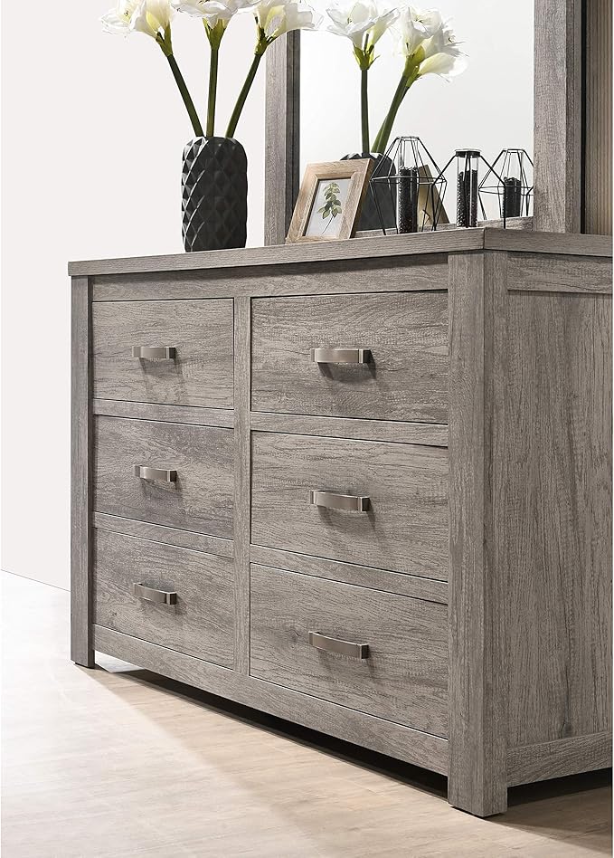 Roundhill Furniture Floren Contemporary Weathered Gray Wood Bedroom Set, King Panel Bed, Dresser, Mirror, Two Nightstands
