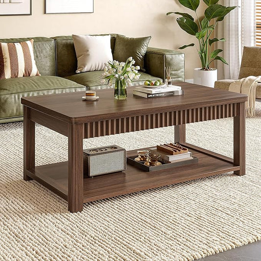 Coffee Table, 39 Inch Modern Coffee Tables for Living Room with 2-Tier Storage & Wave-Edge, Walnut Center Table for Bedroom/Office