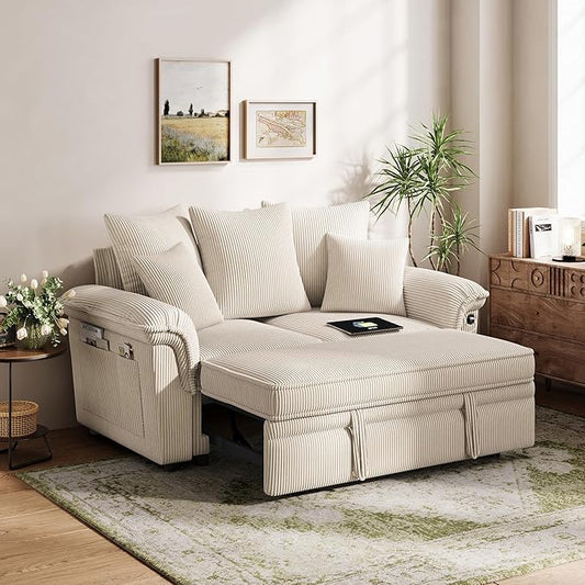 LINSY HOME Sectional Loveseat Sofa with Pull Out Chaise (Beige, 62.5'') | USB Charging, Pillow-style Armrest, Multiple Cushions, Side Storage Pockets, Corduroy Fabric
