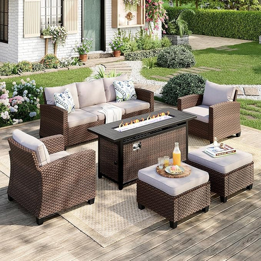 Patio Furniture Set, 6 Pcs Wicker Rattan Outdoor Conversation Set, 2 x Leg Chairs, 1 x 3 Seater Sofa and 2 x Ottoman with 4" Thick Cushion and 56" Fire Pit Table, Beige