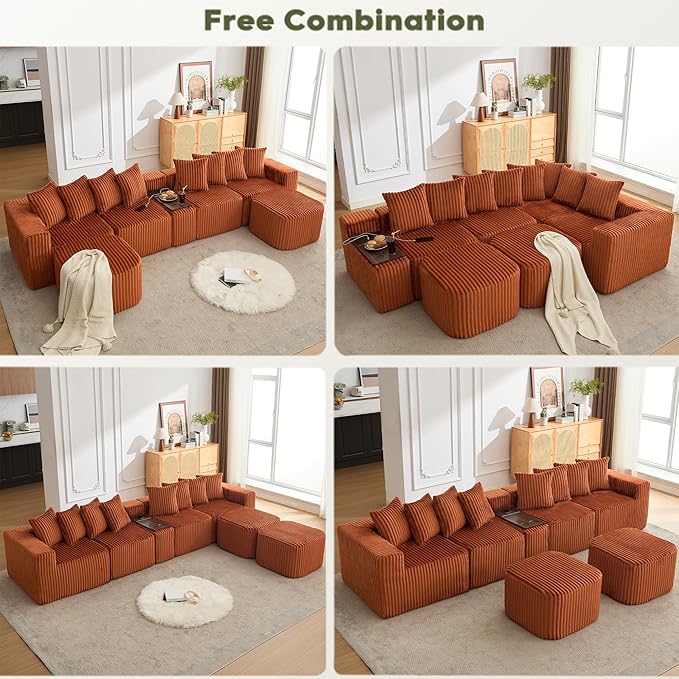 Oversized Cloud Modular Sectional Sofa Boneless Couch with Movable Ottomans,Free Combination Memory Foam Floor Couch with Charging Port & Cup Holders for Living Room | Coffee Table Board, Wireless Charge, No Assembly