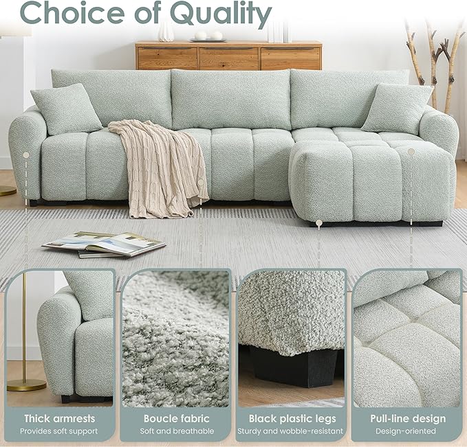 ERYE 110" L-Shaped Sectional Sofa 4 Seat Tufted Sofa Couches with Ottoman, Oversized Tufted Boucle Upholstered Corner Sectional Couch for Living Room Home Apartment