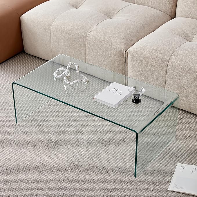 Glass Coffee Table, Modern Clear Coffee Tables for Living Room, Small Rectangle Tempered Glass Table Waterfall Sofa End Tables 39.3" x 19.6" x 13.78"H