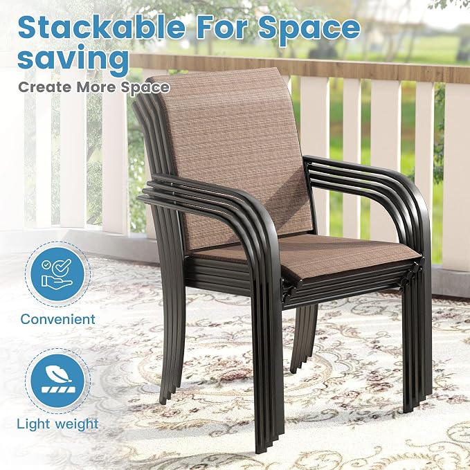 DIFY 7 Pieces Outdoor Patio Dining Set for 6, 63" Black Rectangle Metal Dining Table and 6 Brown Stackable Sling Dining Chairs, Outdoor Table and Chairs for Lawn Garden Backyard Deck - Image 5