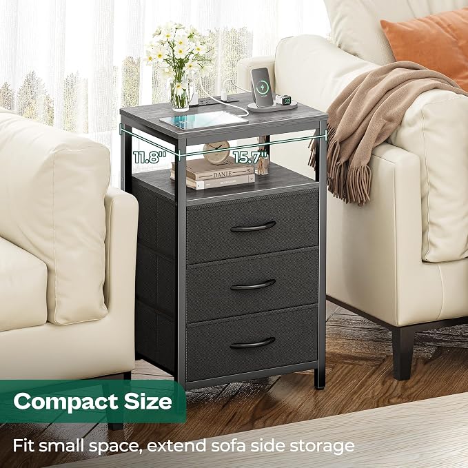 Huuger Nightstand with Charging Station, 27.6 Inch End Table Bedside Table with USB Ports and Outlets, Fabric Drawers, Night Stand for Bedroom, Charcoal Gray - Image 5