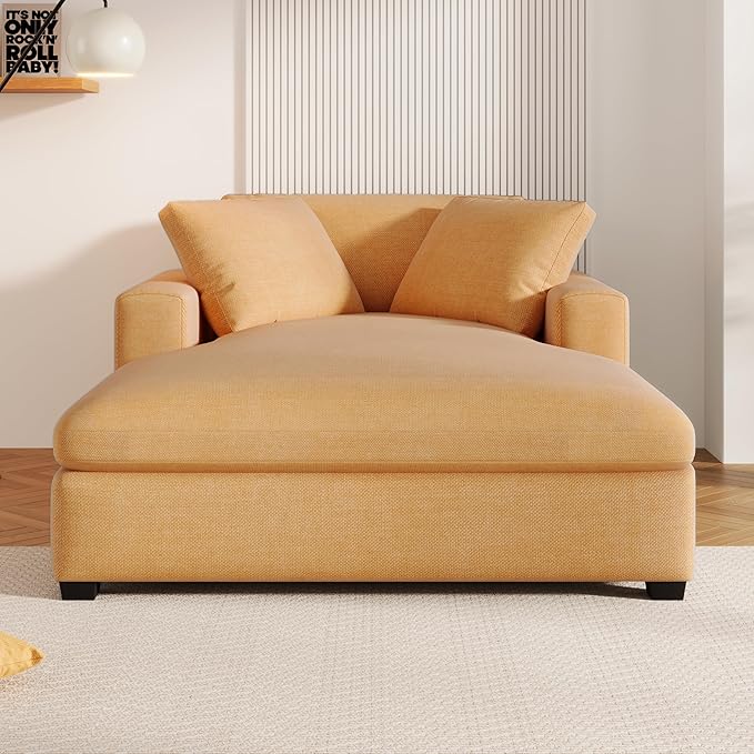 Christopher Knight Home Larrz Oversized Chaise Lounge Chair Indoor, Cozy Upholstered Sleeper Sofa Couch, Durable Wood Frame, Deep Seat Reading Chair with 2 Throw Pillows and Armrests, Yellow
