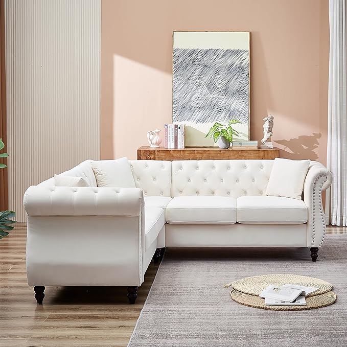 KEIKI 83.5" Chesterfield Corner Sofa, Retro Style Upholstered L-Shaped Velvet Couch with Rolled Arm, 5 Seater Corner Sofas for Living Room Bedroom Office Apartment, Beige