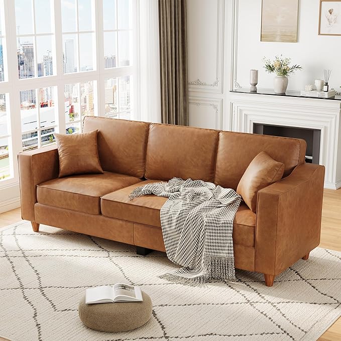GarveeHome 3-Seater Sofa Couch with 2 Throw Pillows, 85 Inches Faux Leather Couch with Wide Armrests, Deep Seats, Wood Legs, Back Cushion, Sturdy Support Feet, Couches for Living Room, Office, Brown