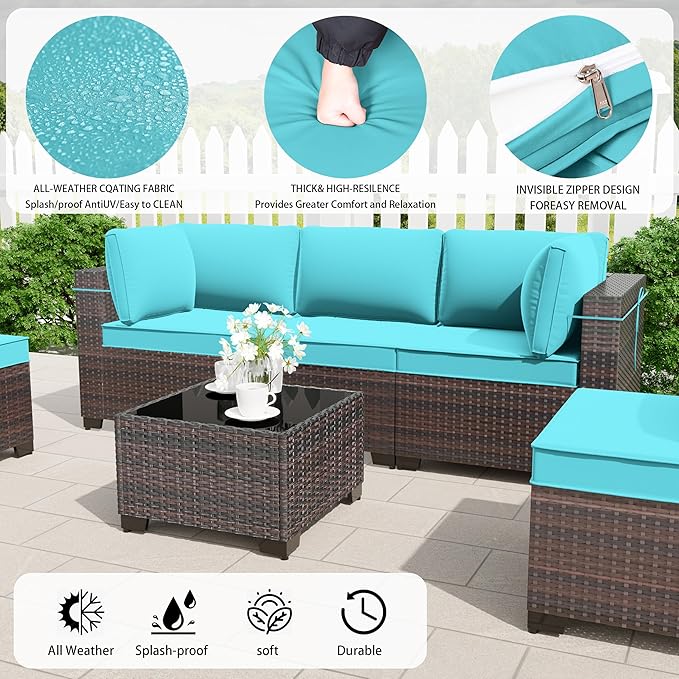 7 Pieces Outdoor Patio Furniture Set,Outdoor Sectional Furniture All Weather PE Rattan Wicker Patio Conversation Set with Coffee Table and 6 Thickened Cushions,Turquoise Blue
