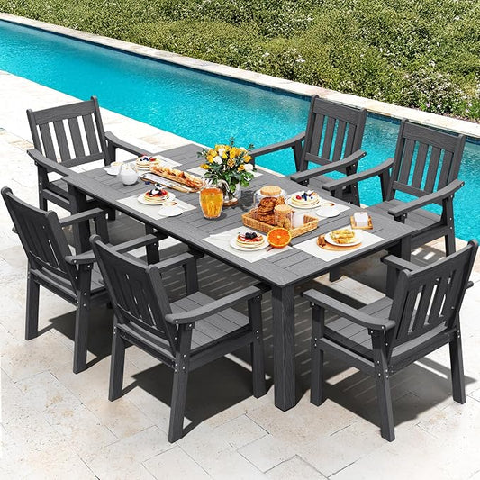 YEFU HIPS Patio Table Set: 7 Piece Patio Table and Chairs Outdoor Furniture Set with Umbrella Hole - Gray Modern Plastic Dining Sets 6 Person for Outside Deck with Metal Aluminum Frame by YEFU