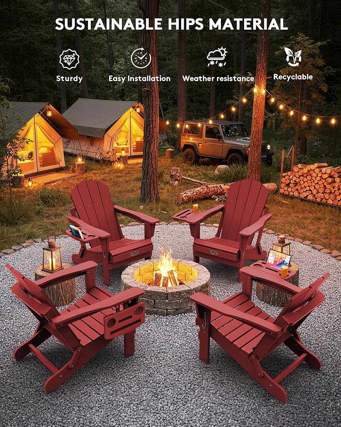 SERWALL Folding Adirondack Chair, Outdoor Adirondack Chairs with 4 in 1 Cup Holder, Wood Texture, Weather Resistant Plastic Patio Fire Pit Chairs for Garden, Backyard, Deck, Lawn - Green - Image 9