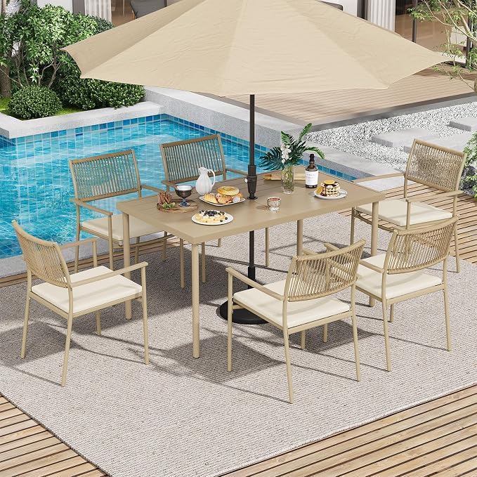 Outdoor Dining Set for 2, Patio Dining Chair with Soft Cushion, Matte Metal Spray Coating Patio Dining Chair, 2 Wicker Rattan Chairs for Backyard, Garden & Poolside,Beige - Image 7