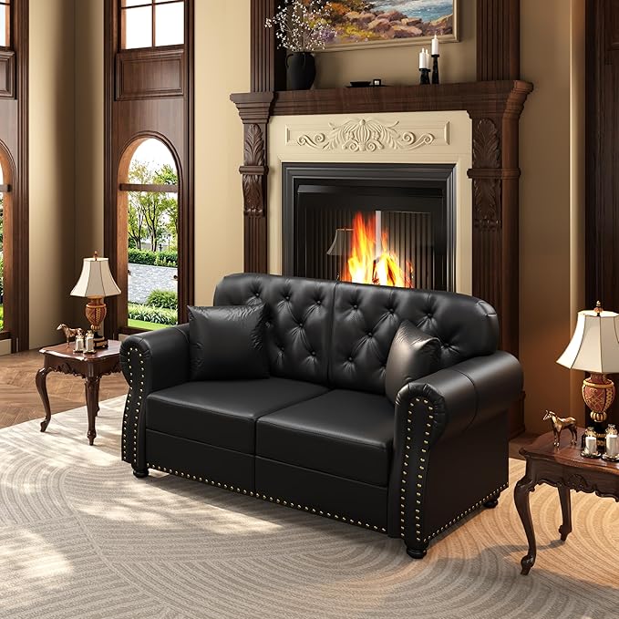KEIKI 63" Faux Leather Chesterfield Sofa with Rolled Arms & Nailhead Trim, Modern Style 2-Seater Button Tufted Couch with High Resilience Cushion & 2 Pillow, Easy Assembly, for Living Room, Black